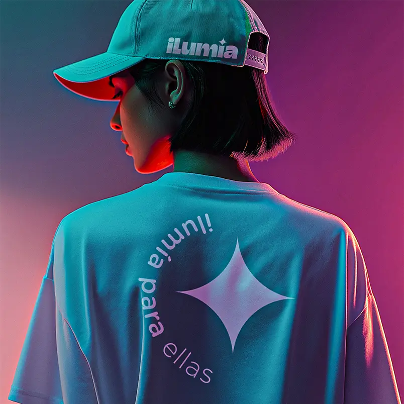 Mujer vestida de azul que hace parte del diseño de marca Ilumía para una agencia de branding en Colombia