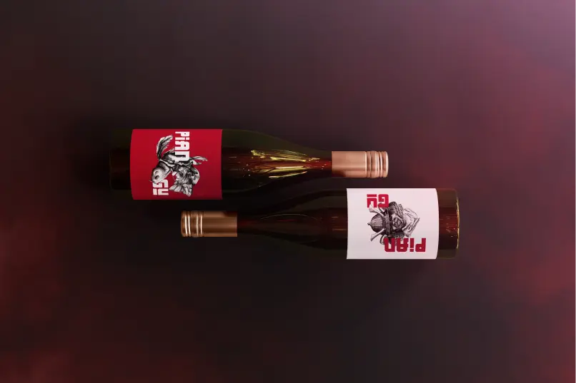 Botella de sake japonés del diseño de marca de Piangú para una agencia de branding en Colombia