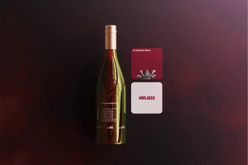 Botella y portavasos del diseño de marca de Piangú para una agencia de branding en Colombia