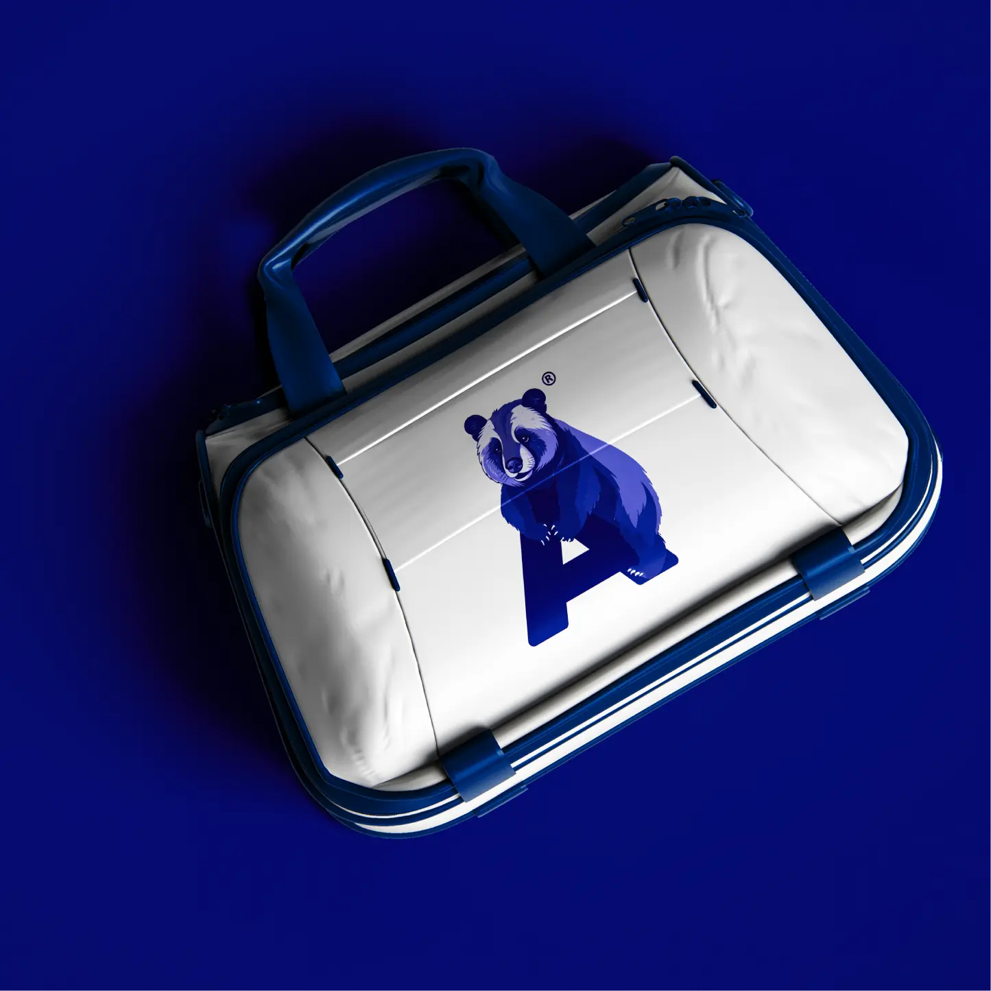 Maleta blanca con oso azul del diseño de marca de Asenza para una agencia de branding en Colombia