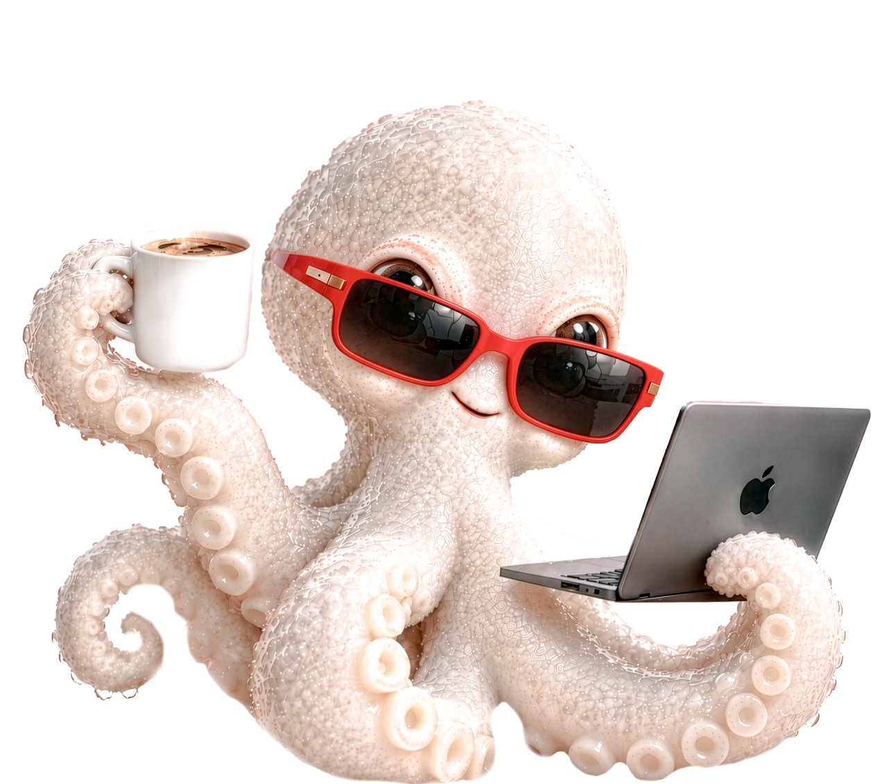 The NEXA octopus with red glasses, coffee and a computer